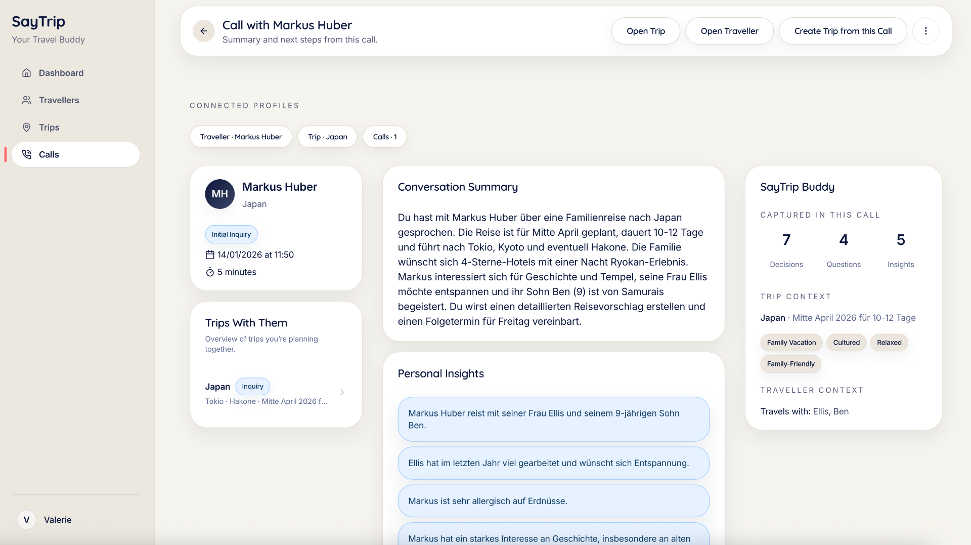 © SayTrip – Screenshot der Benutzeroberfläche eines Kundenprofils