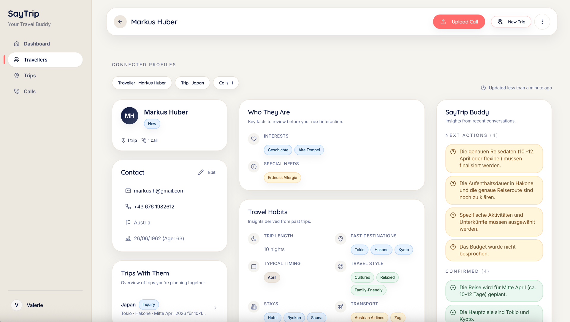 © SayTrip – Screenshot der Benutzeroberfläche eines Gesprächsprofils